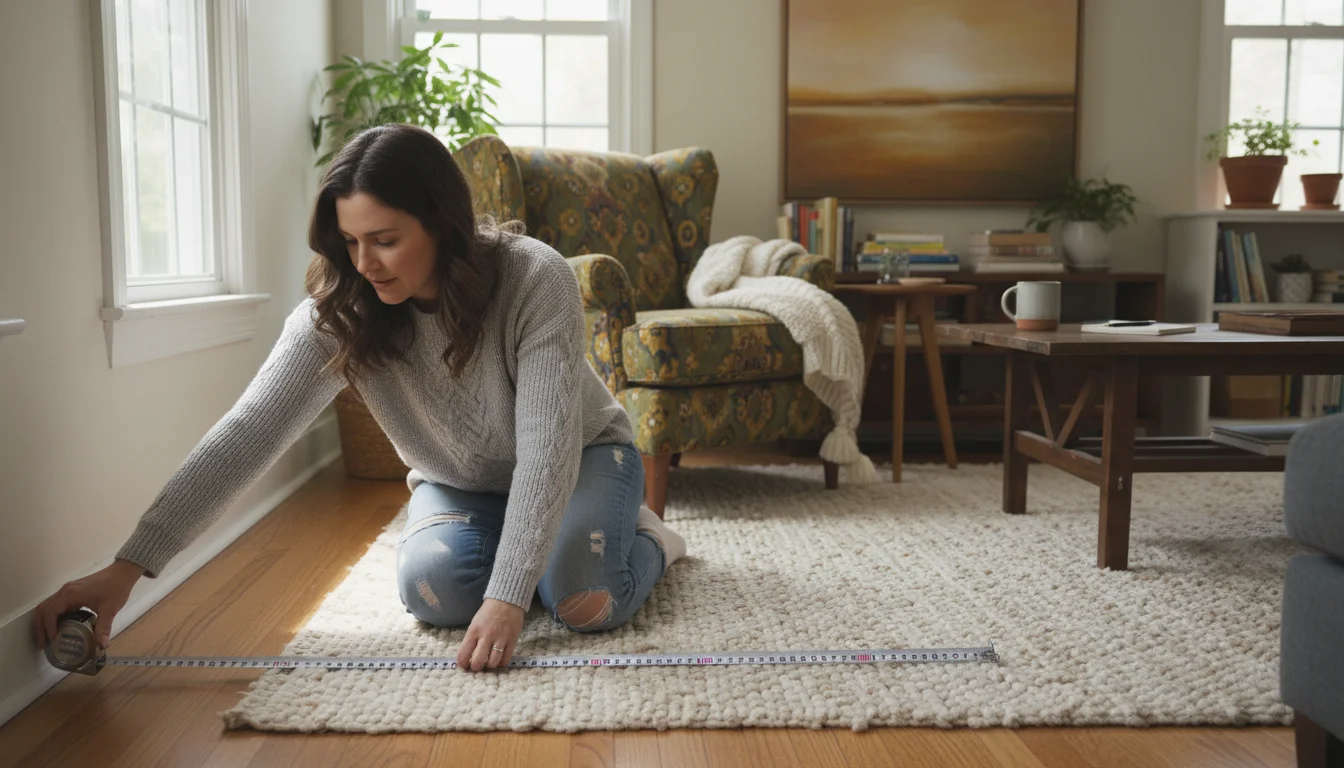 A woman kneels on a rug in a sunlit living room, thoughtfully measuring the floor with a metal tape measure.