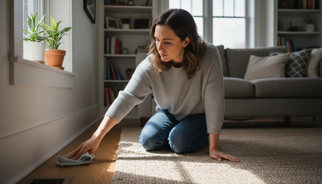A woman kneels on a rug in a sunlit living room, wiping dust from a white baseboard with a damp cloth.