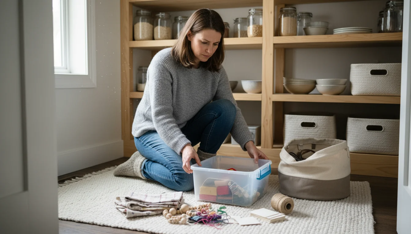 A woman kneels on a rug, thoughtfully comparing a clear plastic bin and a neutral fabric basket on the floor, with various items to store nearby.
