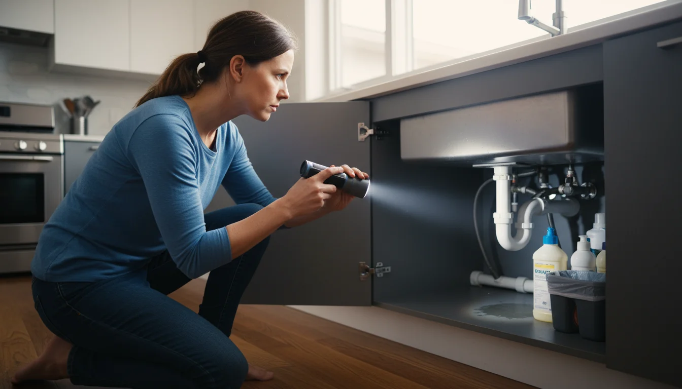 A woman kneels, shining a small LED flashlight under a kitchen sink, inspecting pipe connections for subtle signs of moisture.