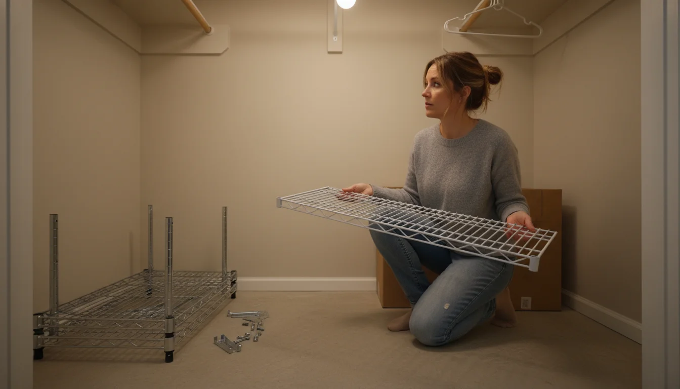 A woman kneels in a simple closet, holding a basic white wire shelf, comparing it to a chrome wire component on the floor.