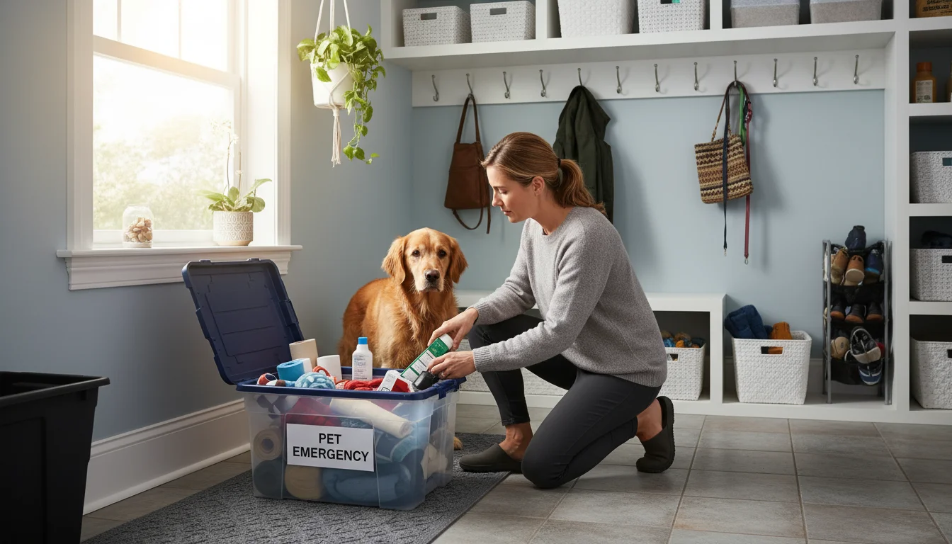 A woman kneels in a sunlit mudroom, placing pet food into an emergency kit bin, as a calm dog watches patiently beside her.