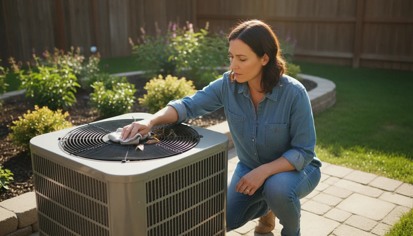 A woman kneels in a sunny backyard, carefully wiping leaves from the top of an outdoor air conditioning unit.