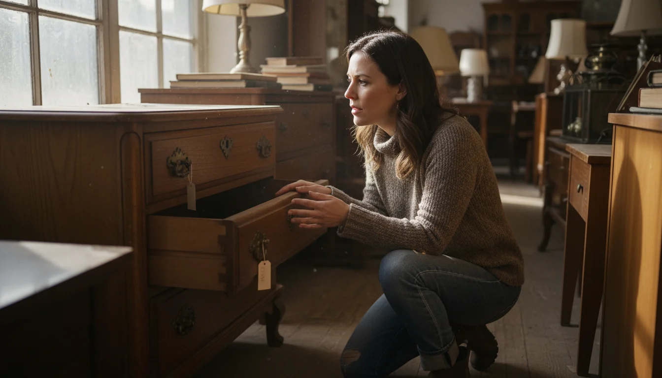 A woman kneels in a thrift store, closely examining the open drawer of a vintage wooden dresser for hidden issues.