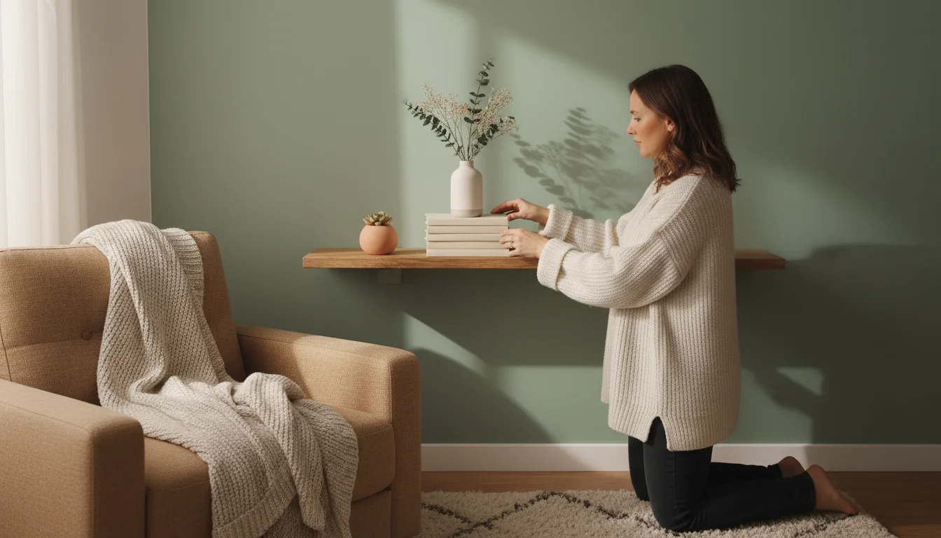 Woman in a knit sweater adjusting books on a floating shelf against a sage green accent wall in a sunlit, cozy living room corner.