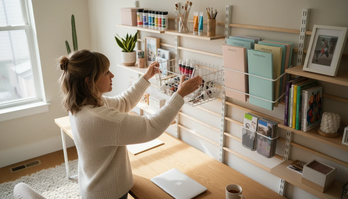 Woman in a knit sweater adjusting a white wire basket on a wall-mounted track storage system, surrounded by craft supplies and files.