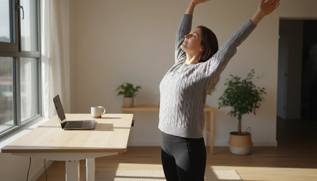 Woman in knit sweater stretching arms overhead with closed eyes near a sunny standing desk in her home office, taking a mindful break.
