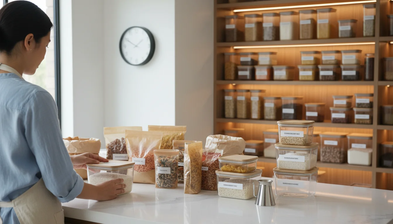 A woman labels a clear container on a kitchen counter, preparing pantry items. An organized walk-in pantry is visible behind her.