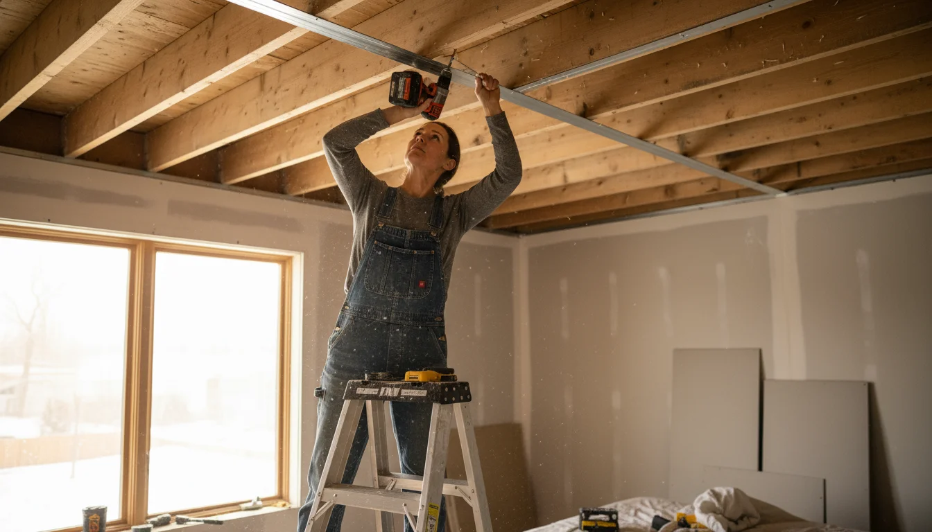 Woman on a ladder installing a metal resilient channel on a bedroom ceiling for soundproofing.
