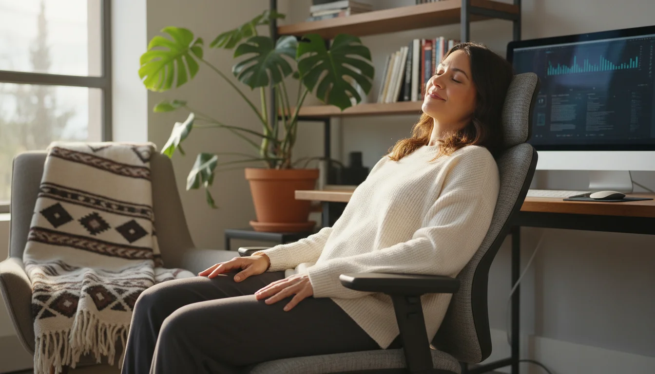Woman (late 30s) comfortably resting in an ergonomic desk chair, subtle smile, showing relaxed posture and back support in a cozy home office.