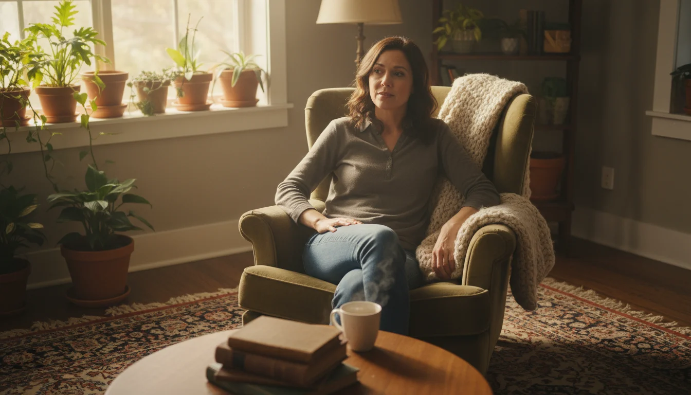 Woman (late 30s) sitting in a sunlit, cozy secondhand armchair, looking thoughtful and inquisitive, with a knit throw and books nearby.