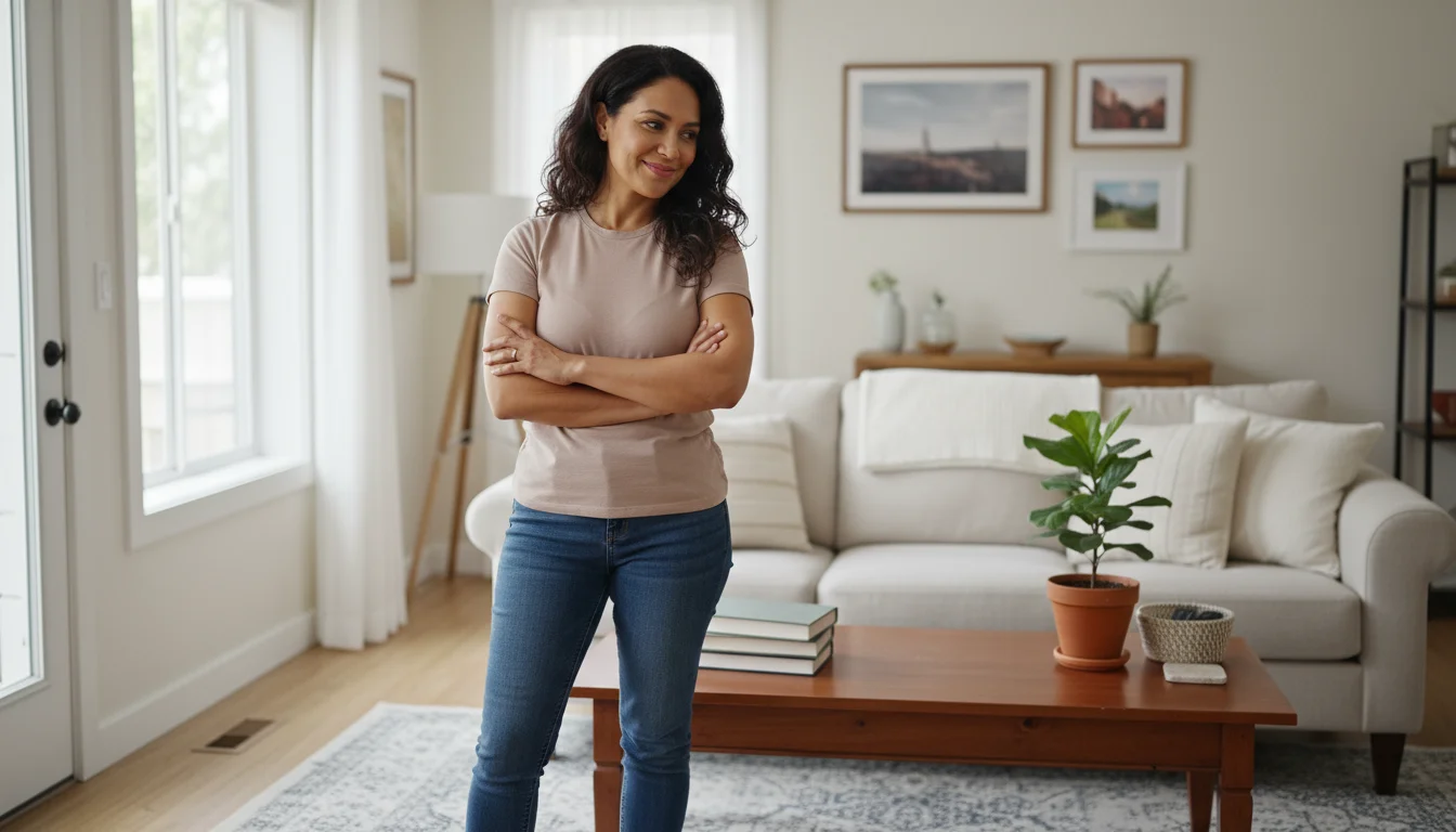 Woman, late 30s, stands relaxed in a cozy, tidy living room, smiling softly at her neat coffee table with books and a plant.