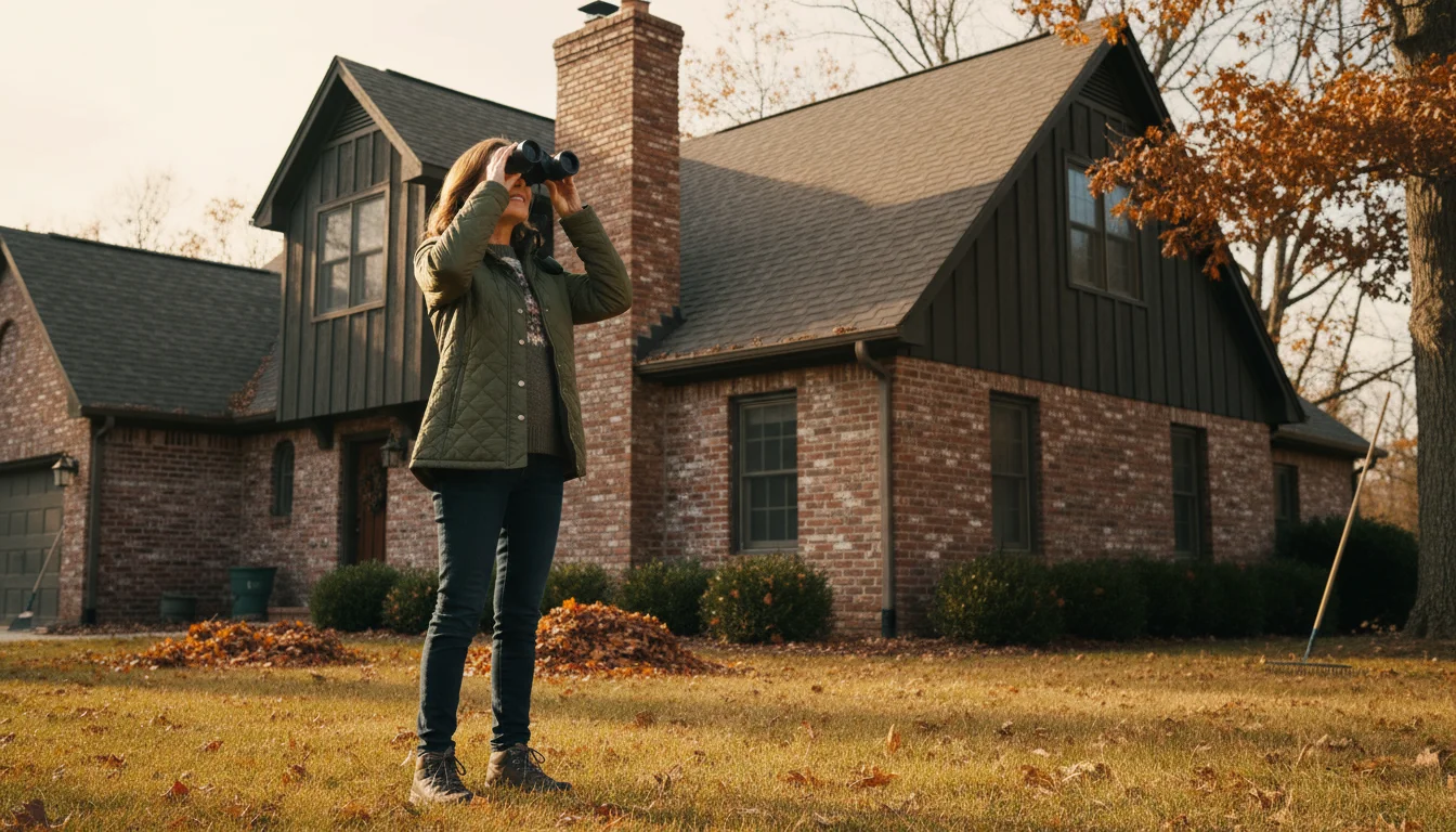 Woman on lawn inspecting her home's roof with binoculars on a crisp autumn day.