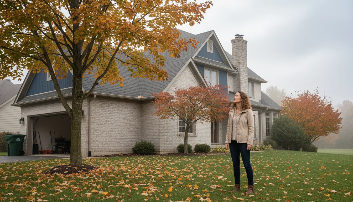 Woman in light jacket looking up at her home's roof and chimney in early autumn. Scattered leaves on lawn, clean outdoor bin visible.