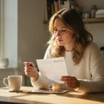 A woman in a light sweater sits at a kitchen island, intently reviewing a paper utility bill with a pen, a mug and tablet nearby.