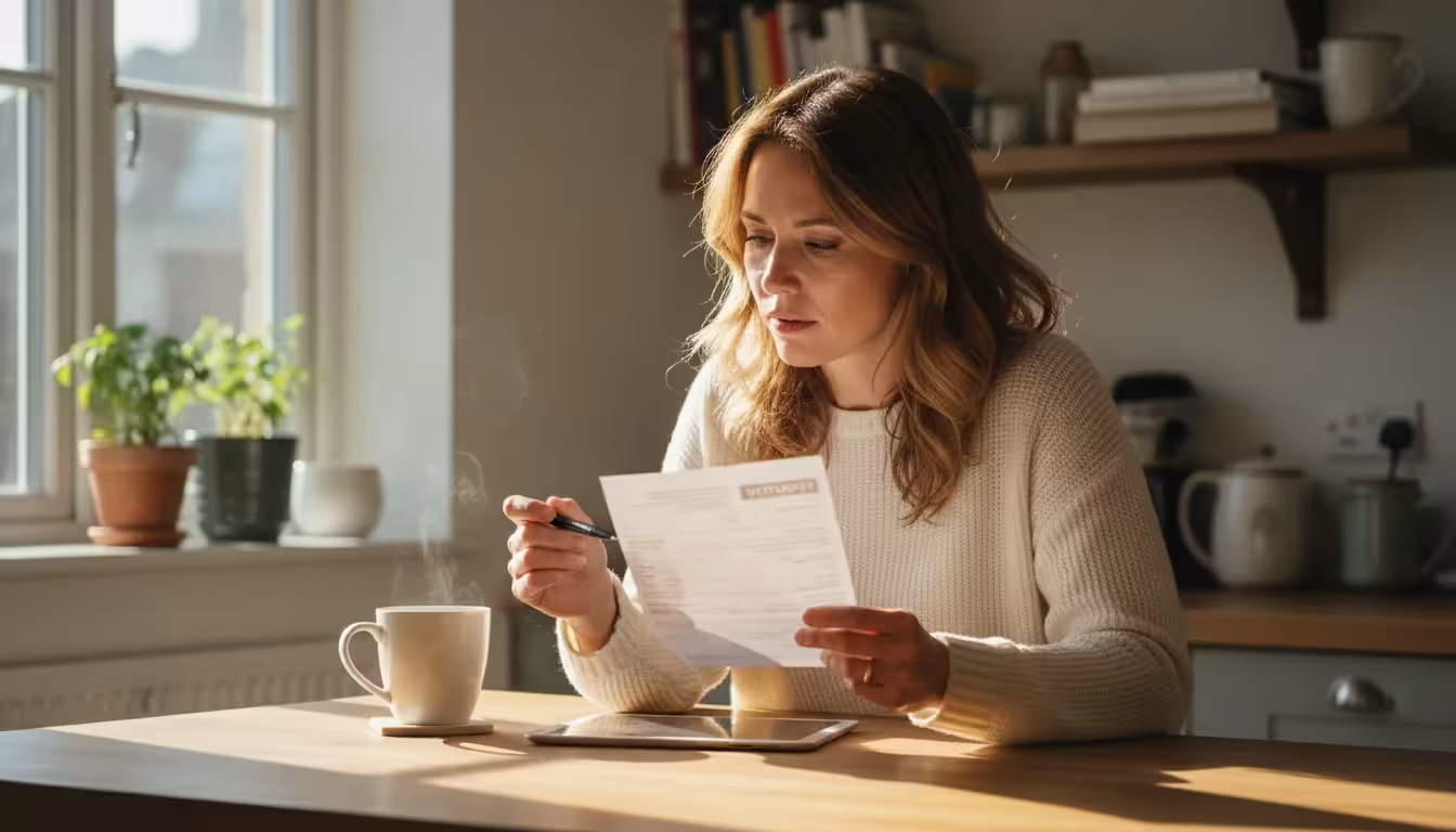 A woman in a light sweater sits at a kitchen island, intently reviewing a paper utility bill with a pen, a mug and tablet nearby.