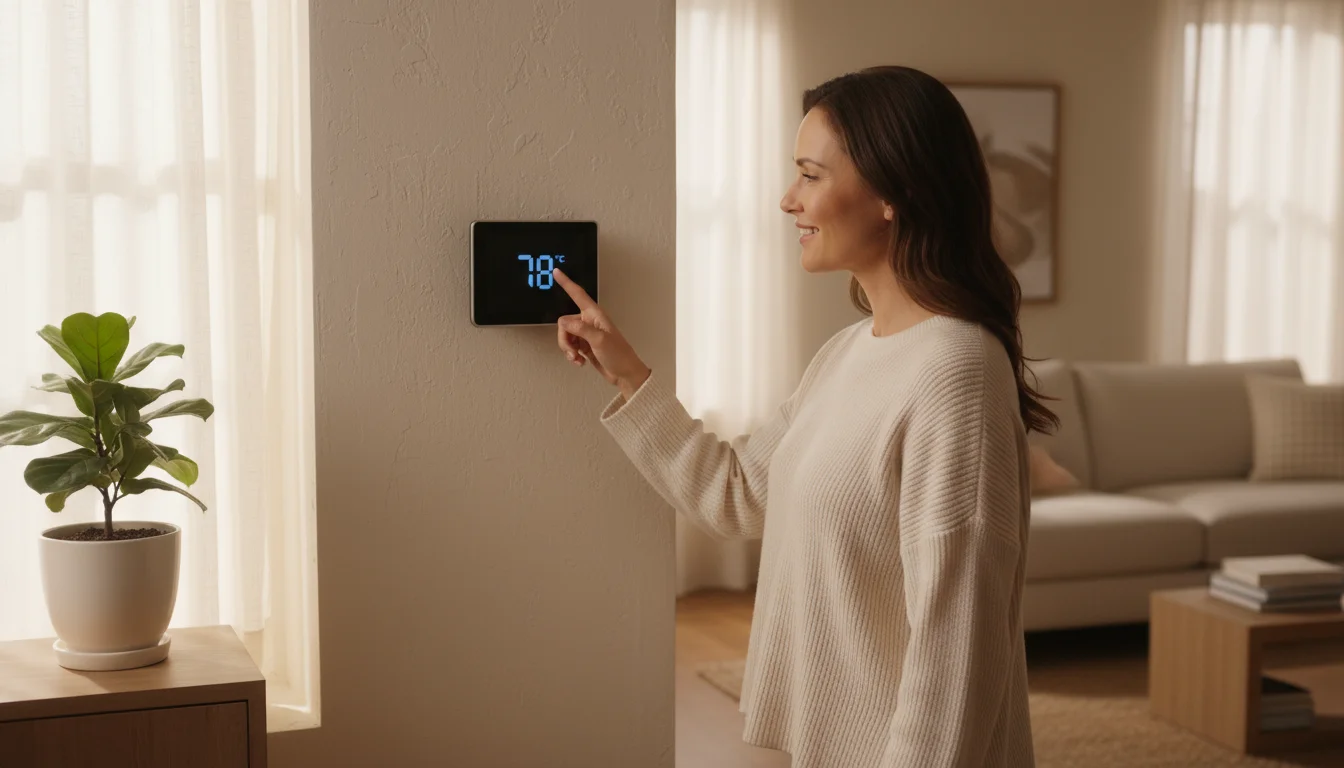 A woman in a light top adjusts a smart thermostat on a cream wall, displaying 78°F, in a naturally lit living room.