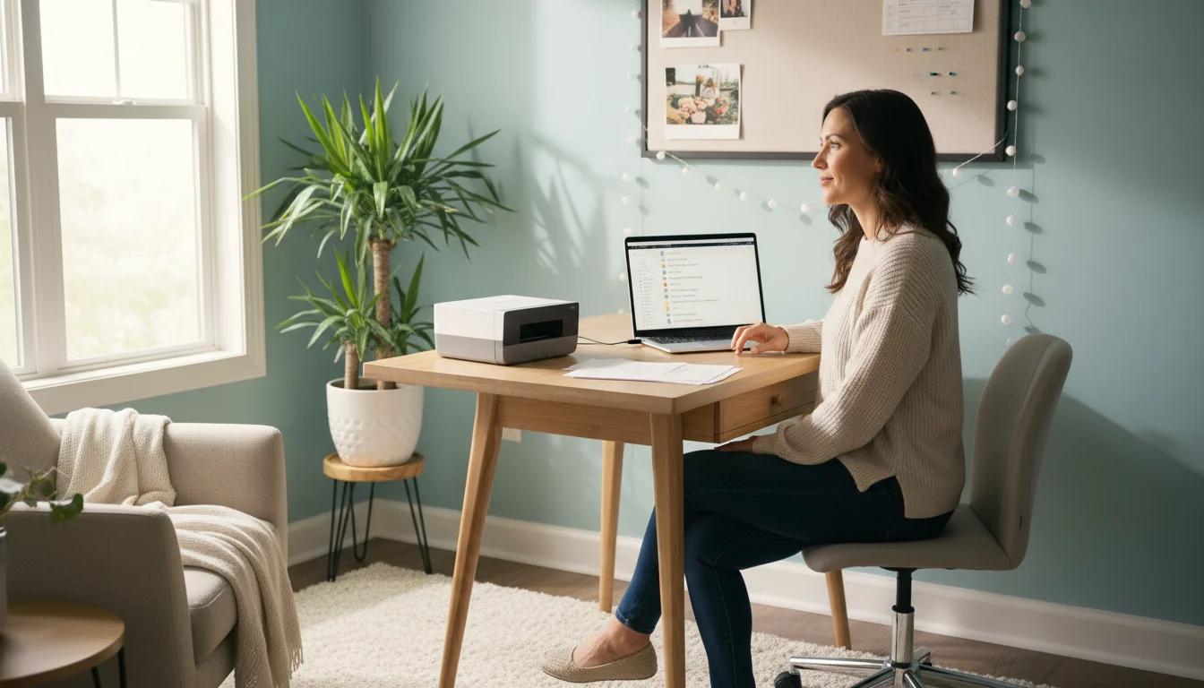 Woman at a light wood desk focused on a laptop showing organized digital files. A compact scanner and a small stack of papers are beside it.