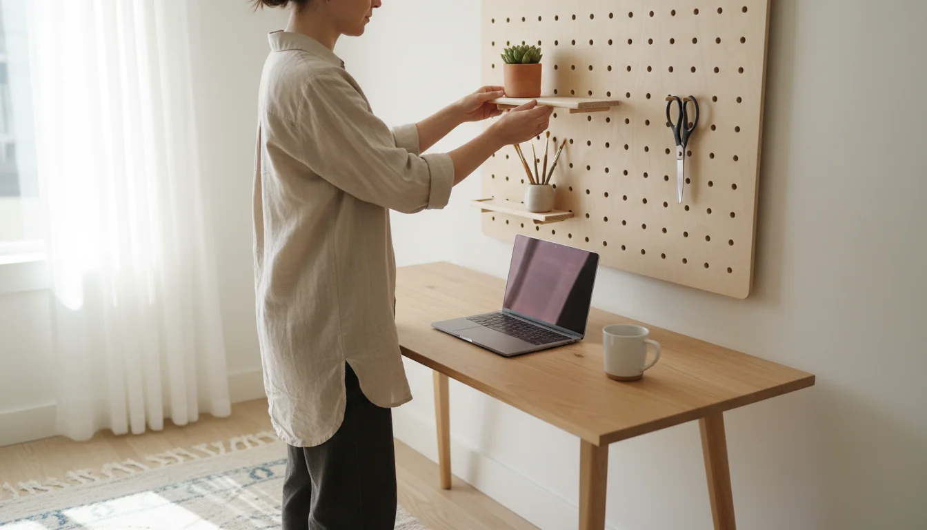 Woman in a linen shirt places a small shelf on a natural wood pegboard in a bright home office, organizing craft supplies.