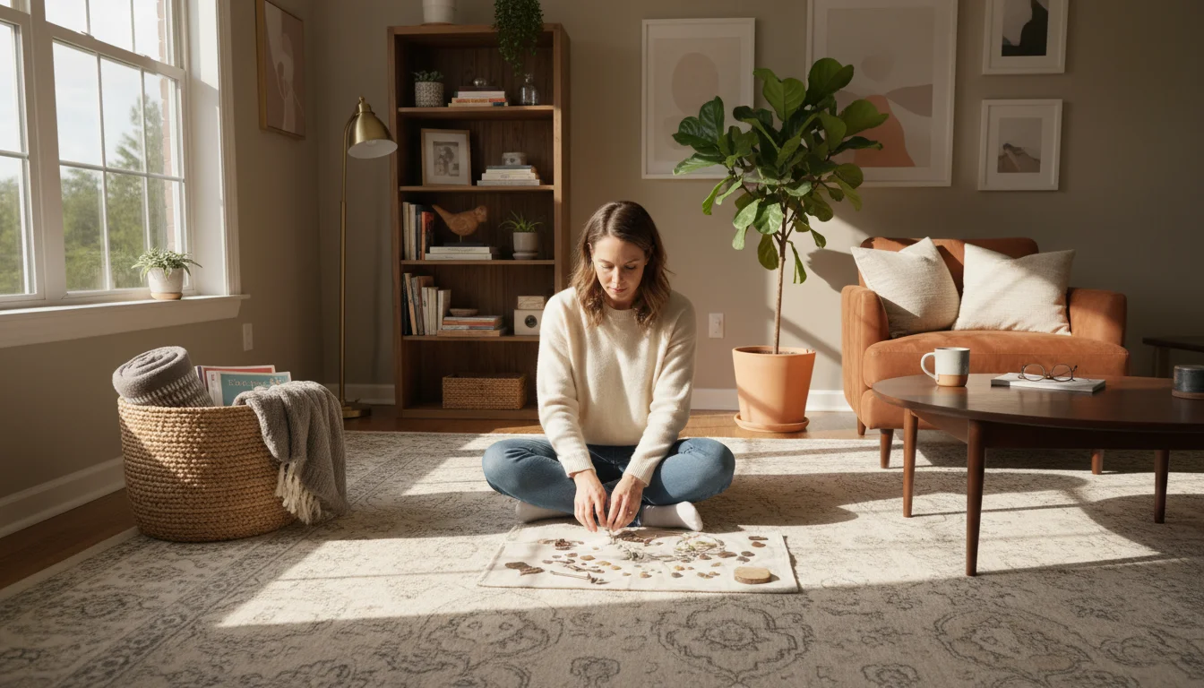 A woman on a living room rug sorts items into a wicker basket, a canvas bag, a recycling bin, and a fabric cube.