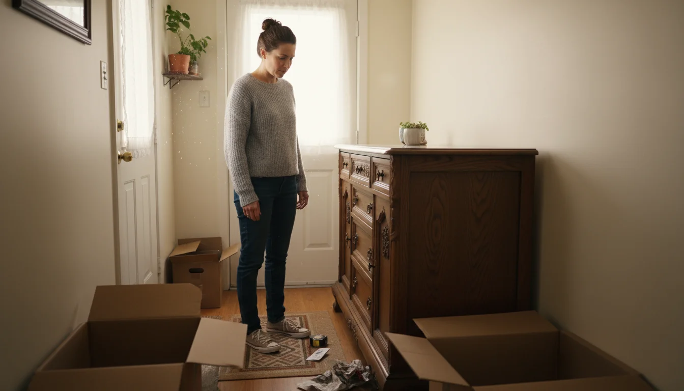 A woman looks with a deflated expression at a large vintage wooden credenza awkwardly blocking her small apartment hallway, a tape measure on top.