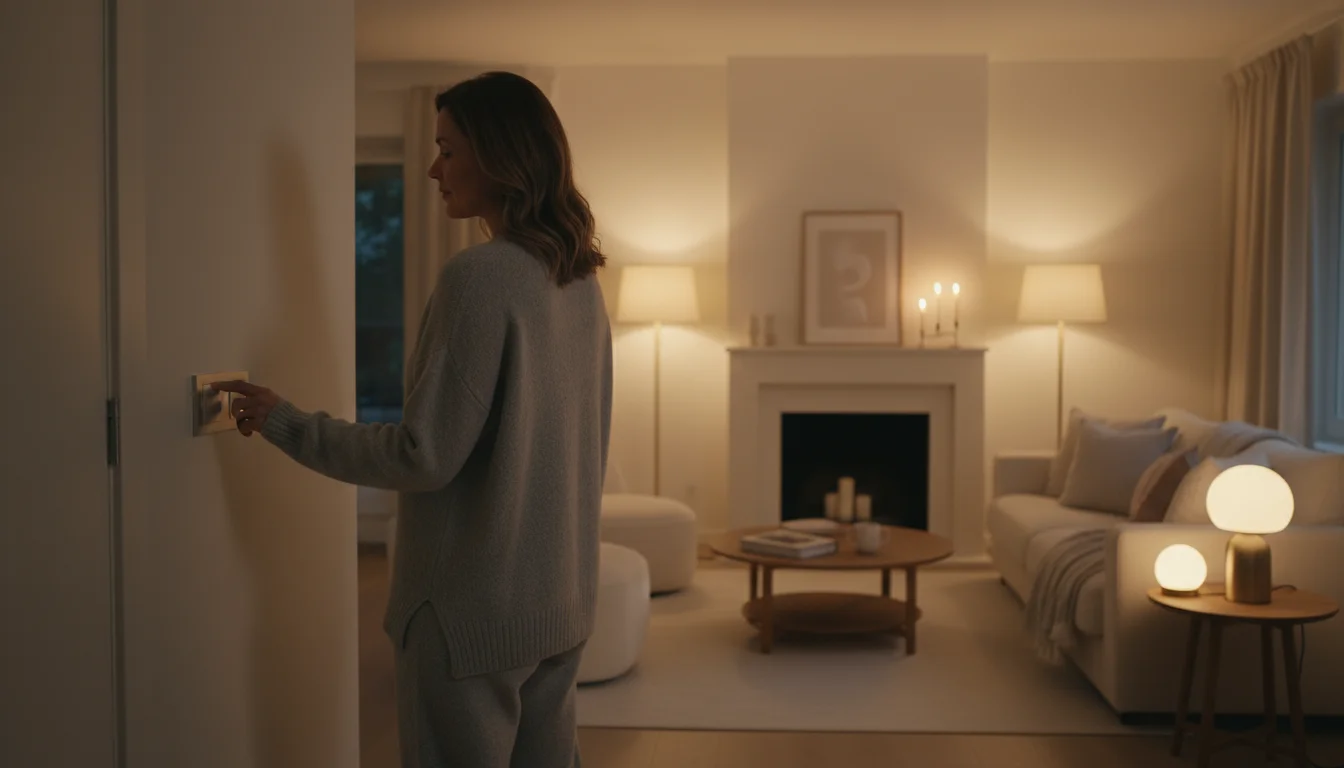Woman in loungewear adjusts a wall dimmer, looking into a softly lit living room with cozy floor and table lamps creating a warm glow.