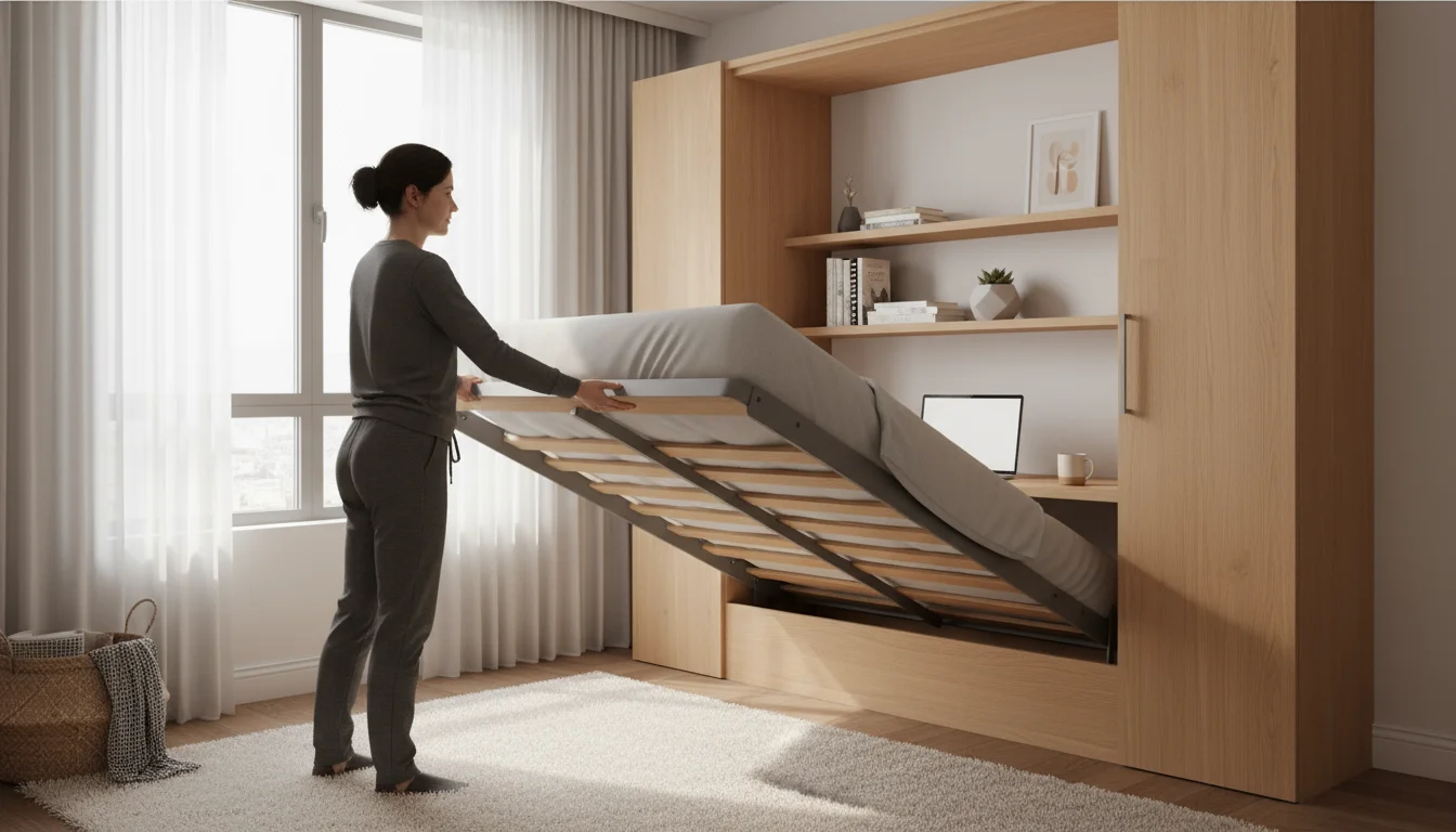 Woman in loungewear folds a grey wall bed into a wall unit, revealing a light wood desk with a laptop and plant in a compact bedroom.
