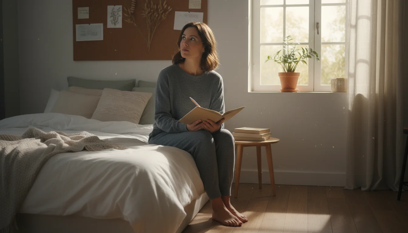 Woman in loungewear on her bed, holding a notebook, thoughtfully looking around a cozy, sunlit bedroom.