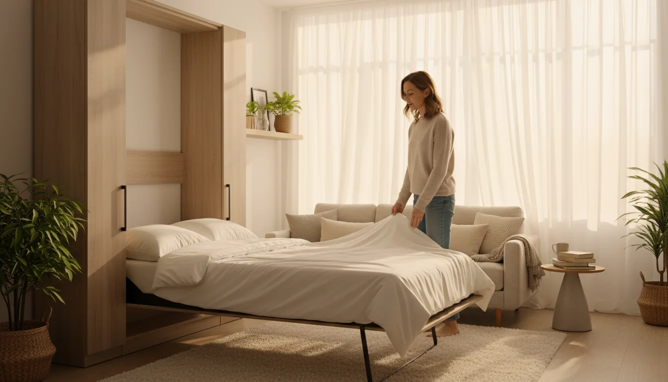 A woman gently lowers a vertical Murphy bed from a light wood wall cabinet in a sunlit, cozy apartment living room.