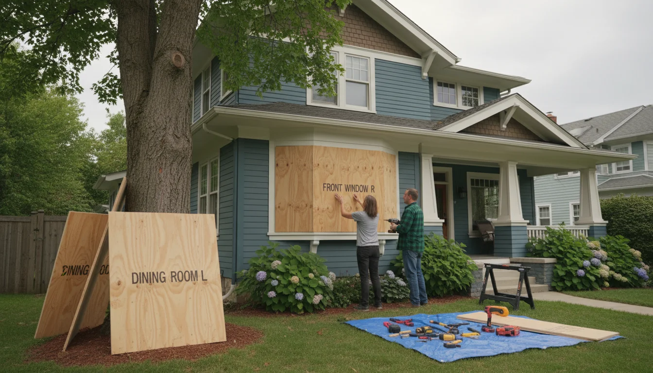 A woman and man installing a labeled plywood board over a window on a traditional house exterior under an overcast sky, preparing for a storm.