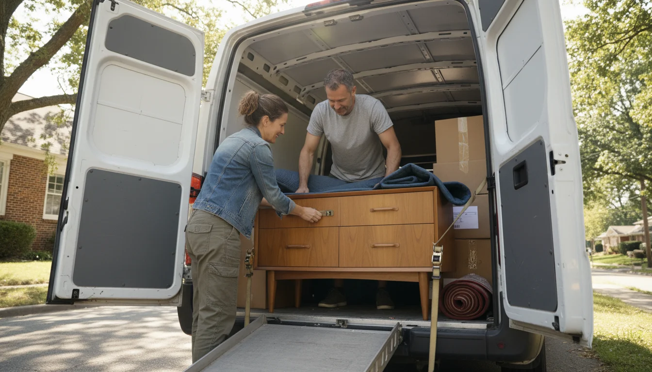A woman and a man are securing a wooden dresser in the back of an open rental moving van with a moving blanket.