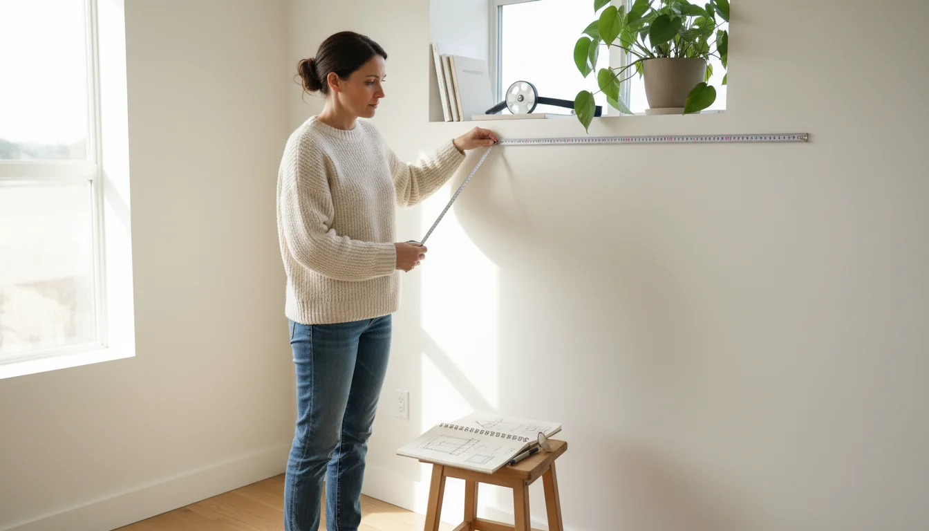 A woman measures a bare wall with a tape measure, planning storage. A notebook with sketches and baskets are on a stool nearby.