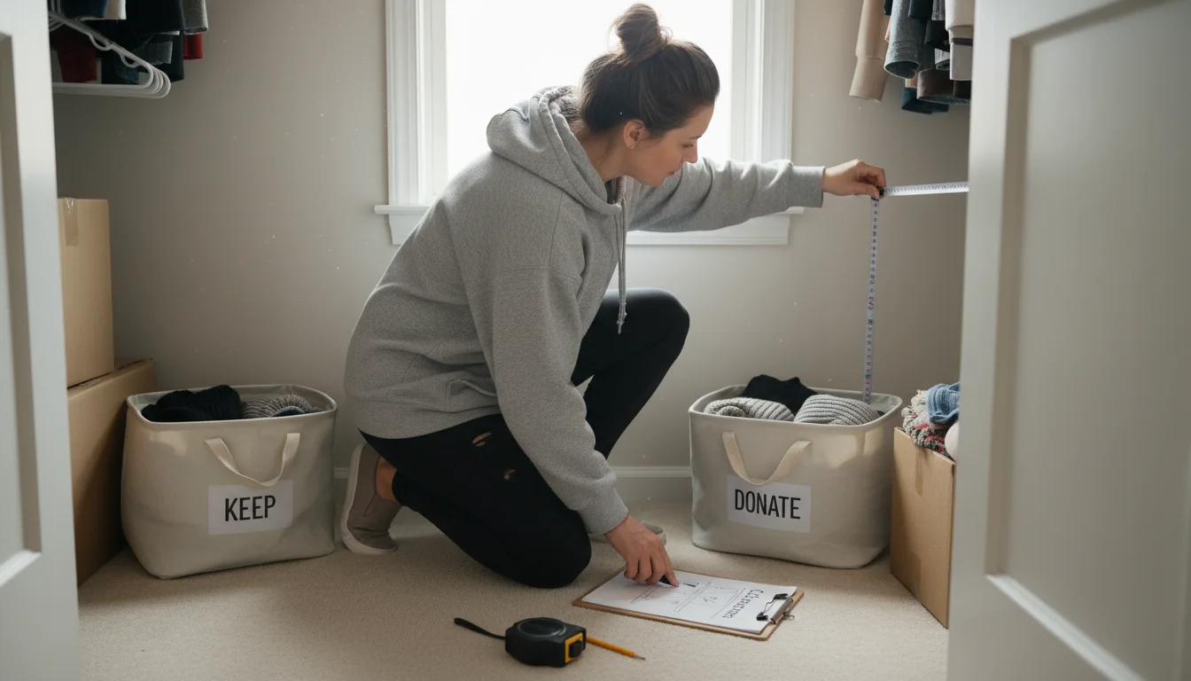 Woman carefully measures a closet wall with a metal tape, with sorted clothes in bins nearby, planning a custom closet.
