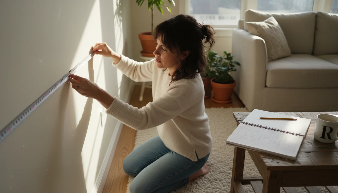 A woman measures a living room wall with a tape measure, next to a notebook and tea, planning for furniture.