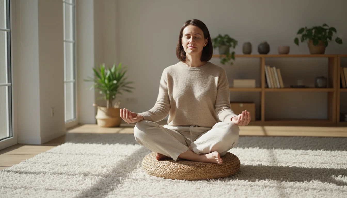 Woman meditating on a natural fiber cushion on a plush rug, with a wooden stool, river stone, knit blanket, and green plant.