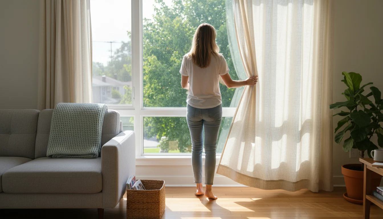 Woman opening curtains, revealing a light throw on a sofa in a sunny living room.