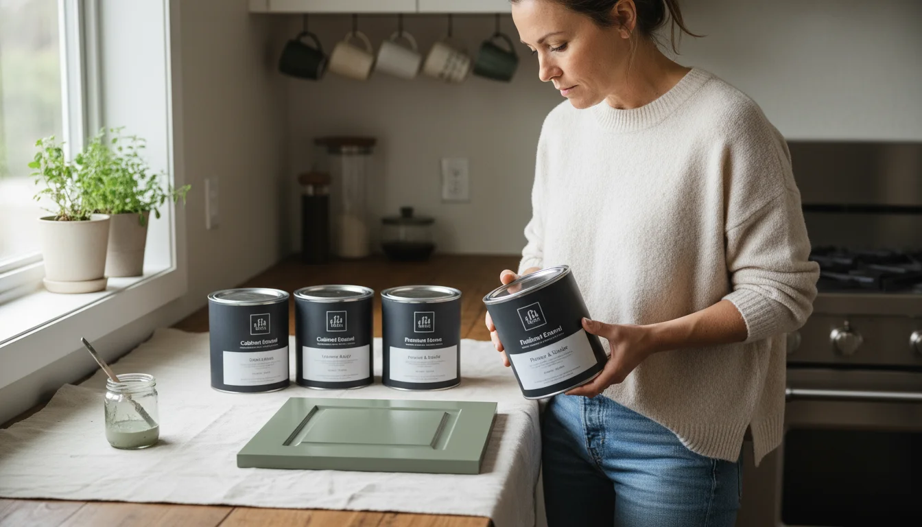 Woman examining paint cans labeled 'Cabinet Enamel' and 'Urethane Alkyd' on a kitchen counter next to a painted sample door.