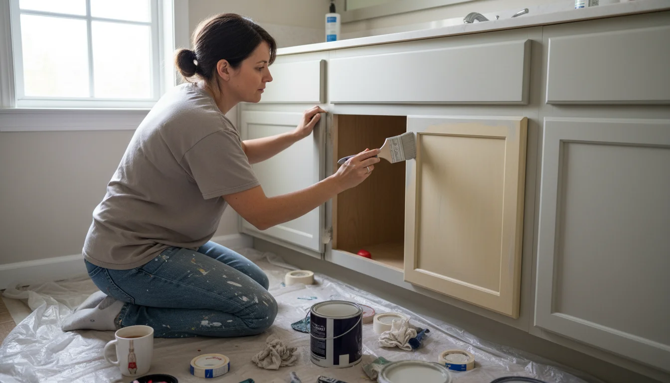 Woman painting a bathroom vanity cabinet light greige, with part of the cabinet already updated, showing the DIY progress.