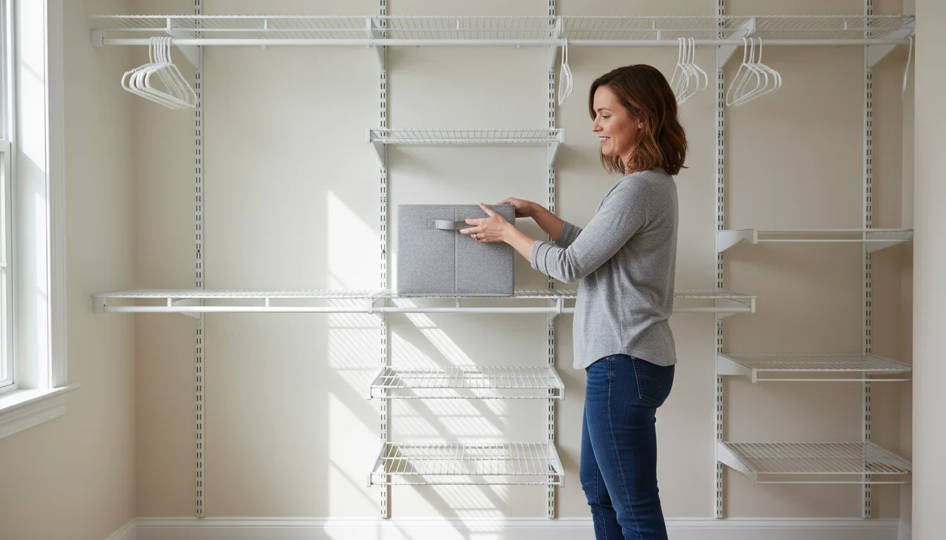 Woman places a light gray fabric bin onto a newly installed adjustable white wire shelving system in a reach-in closet.