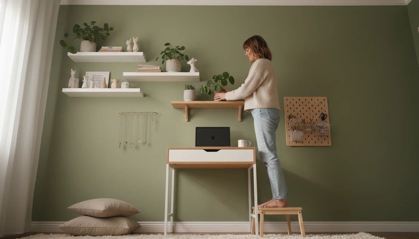 Woman places plant on shelf above desk. Bedroom wall features floating shelves, jewelry organizer, and pegboard for vertical storage.