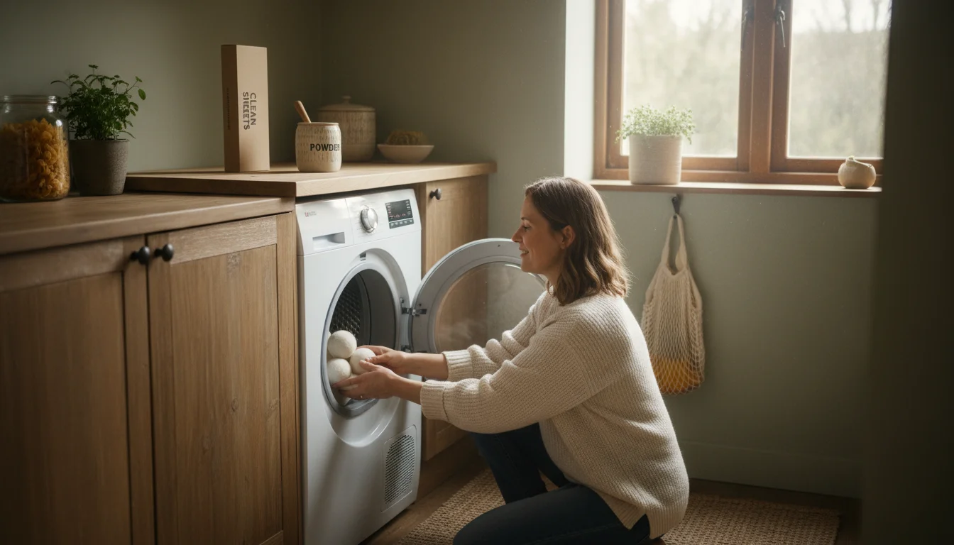 A woman places wool dryer balls into a dryer integrated into a kitchen nook, next to plastic-free laundry detergents.