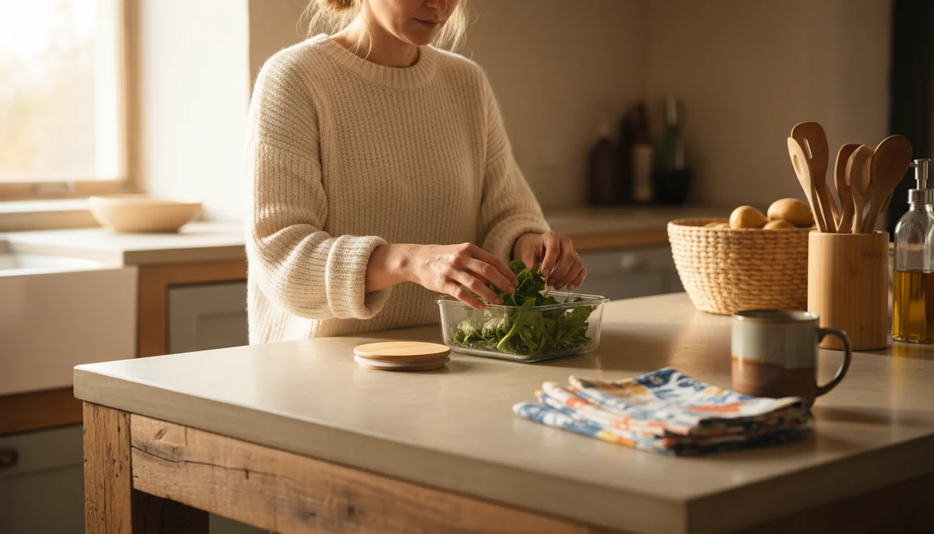 Woman placing fresh leafy greens into a glass container on a kitchen island, surrounded by various reusable food storage items.