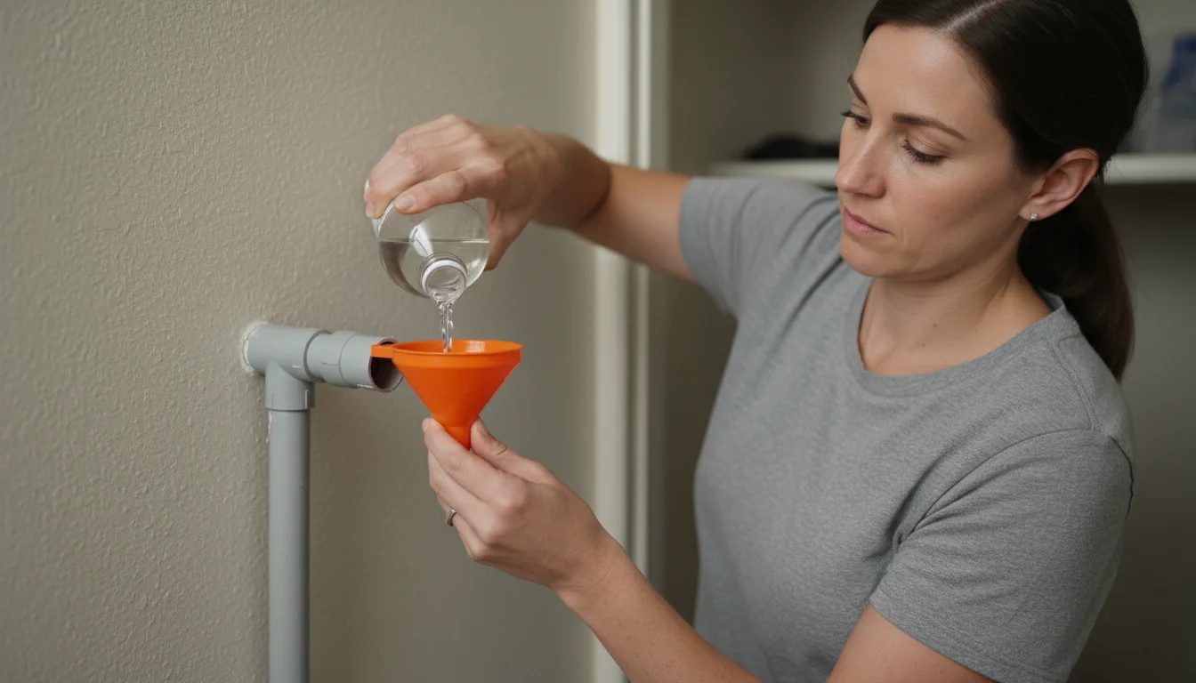 A woman pours liquid from a plastic bottle into a small orange funnel inserted into a gray PVC drain line next to an indoor AC unit.