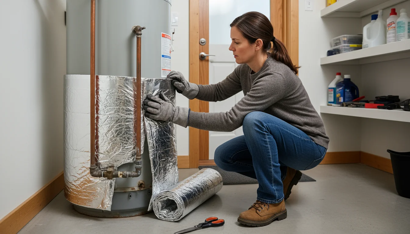 A woman in practical attire in a well-lit utility room, actively securing an insulating blanket around an older tank-style water heater.