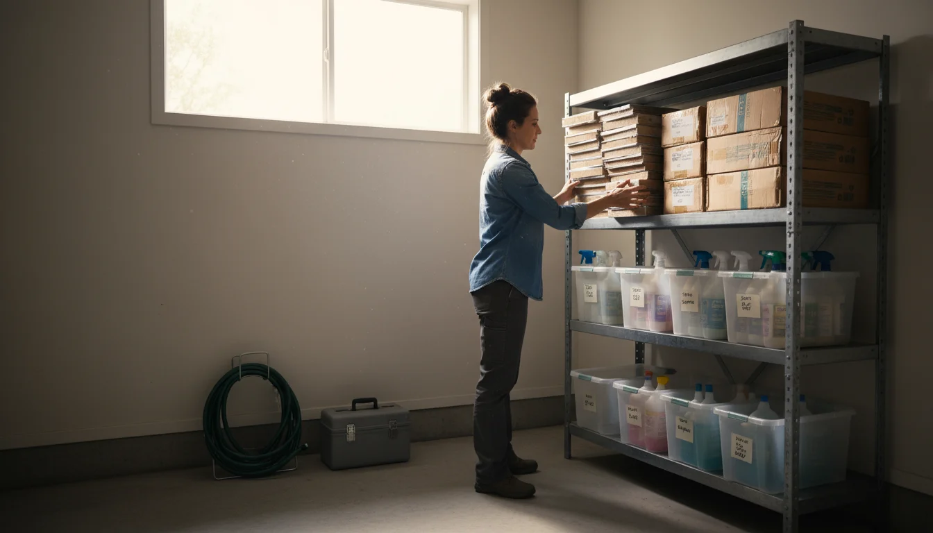 Woman in practical clothes organizing new air filters and cleaning supplies on a brightly lit utility shelf in a garage.