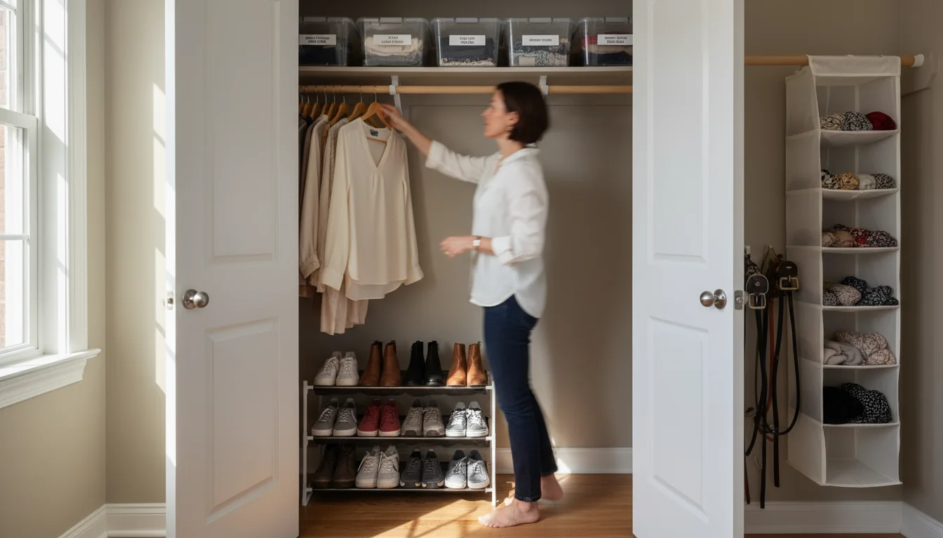 Woman quickly grabbing a blouse from a centrally organized closet rod, with shoes below, bins above, and accessories on the door.