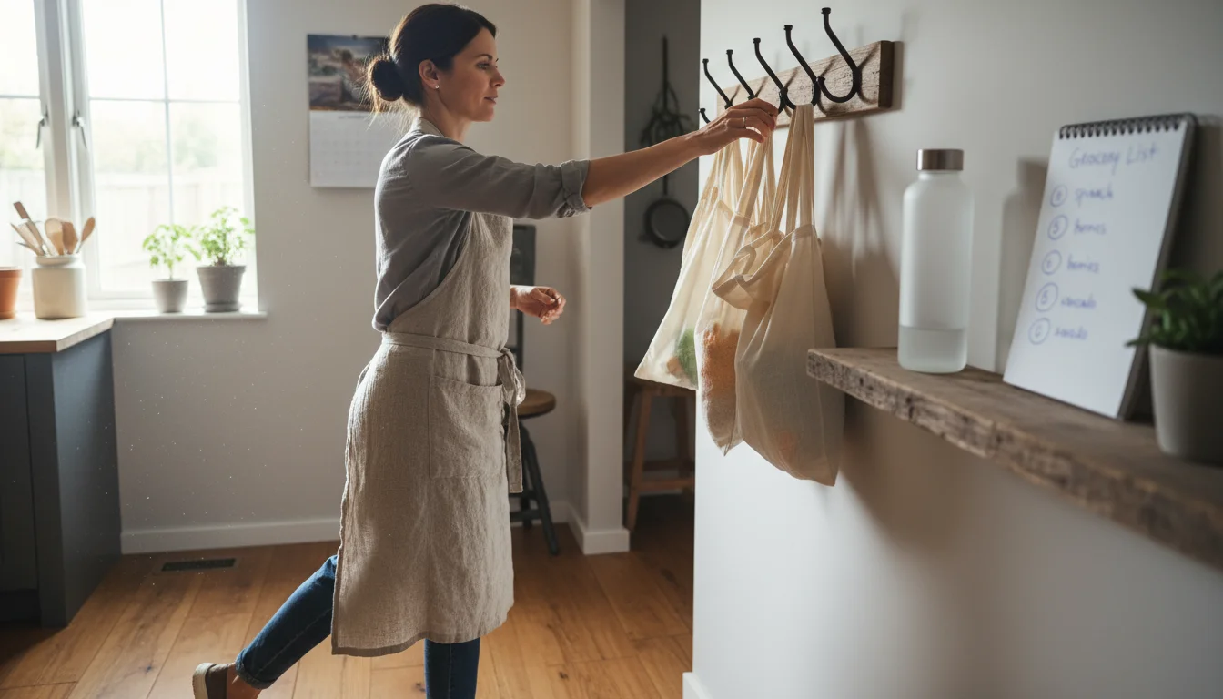 Woman quickly grabbing cloth produce bags from a hook in a kitchen area, with a reusable water bottle and grocery list on a shelf.