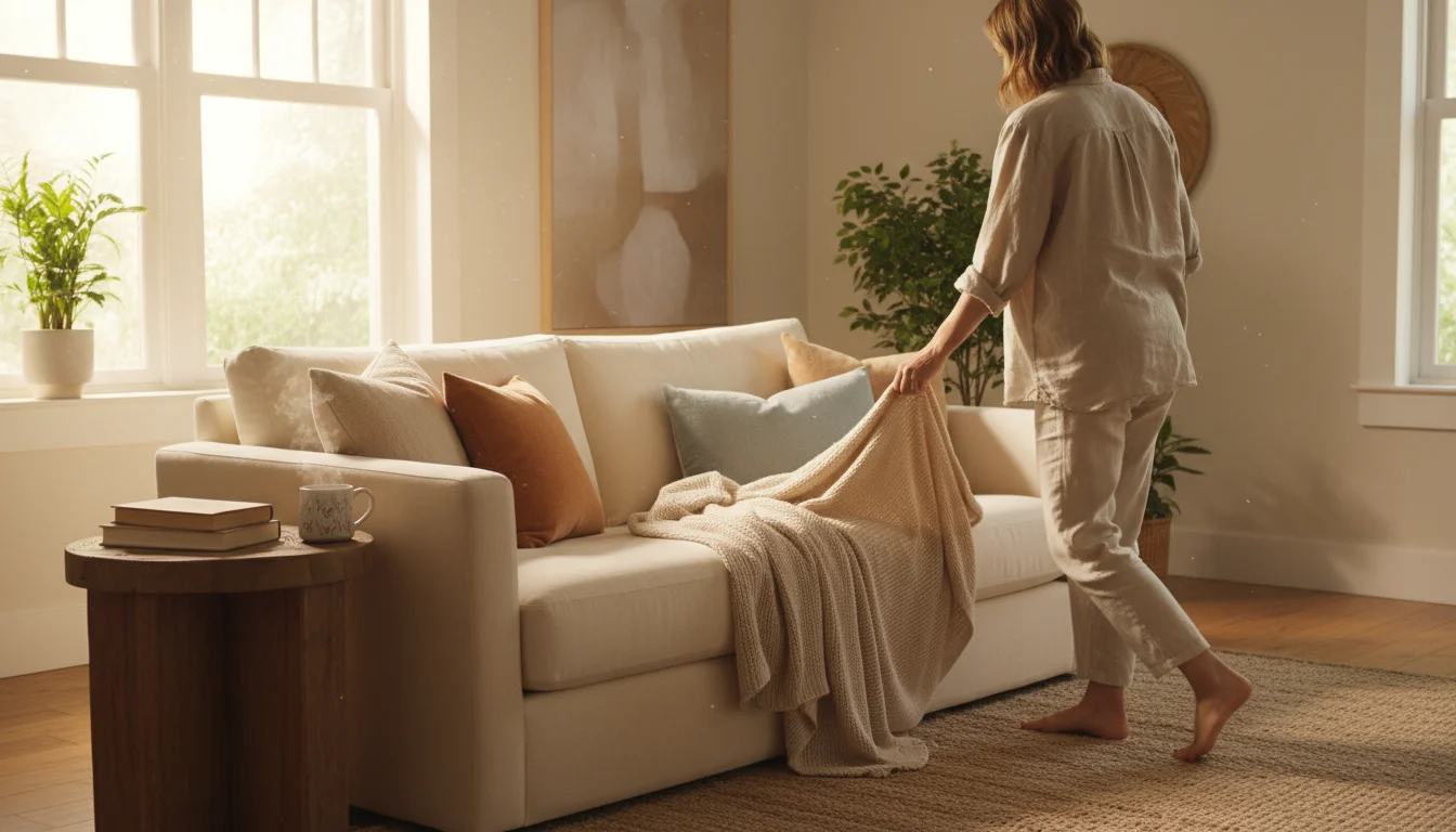 Woman quickly smoothing a throw blanket on a cozy sofa in a sun-drenched living room with books and a mug on a side table.
