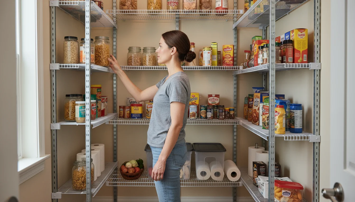 A woman reaches for a cereal box on an adjustable wire shelving system in a practical, well-organized home pantry.