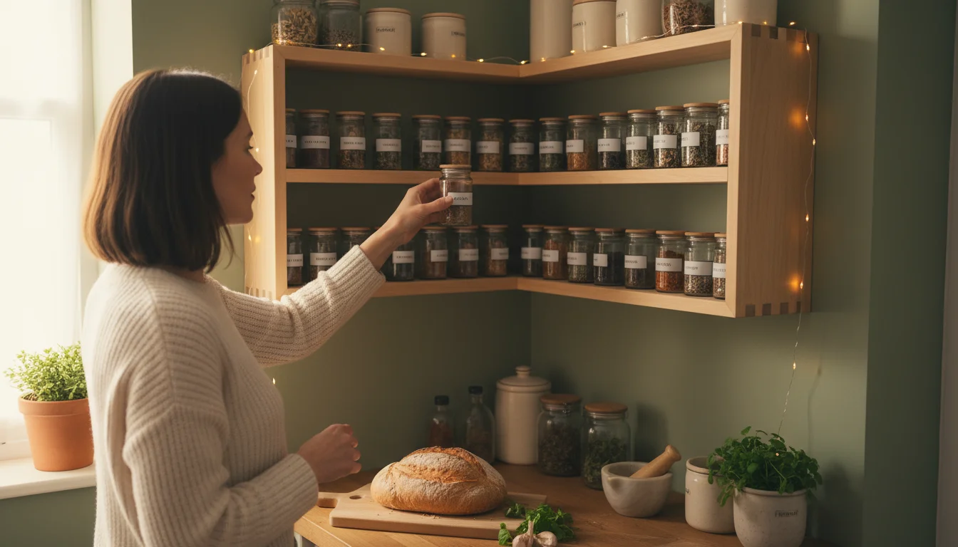 Woman reaches for a spice jar from a mid-level wooden corner kitchen shelf, surrounded by neatly arranged items.